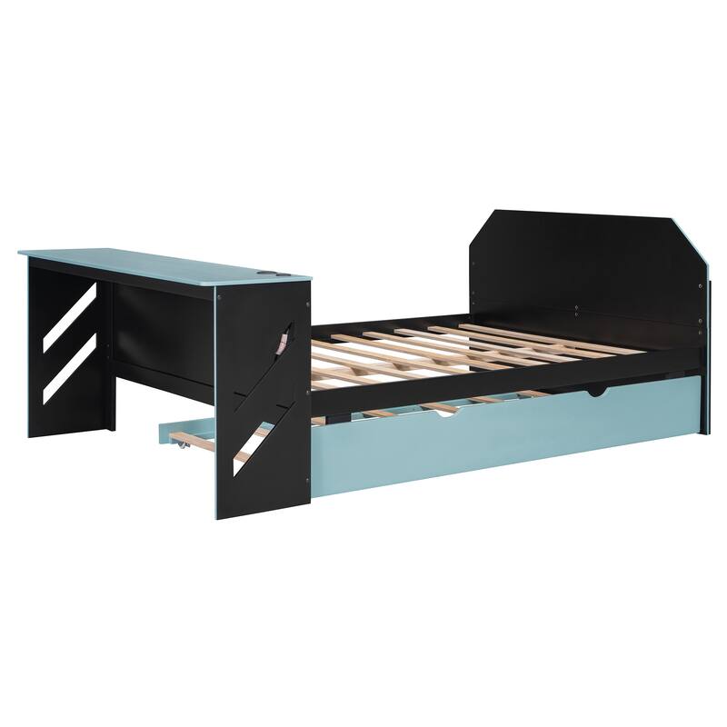 Wood Daybed Frame, Full Size Sofa Bed with Trundle Bed, Desk and USB