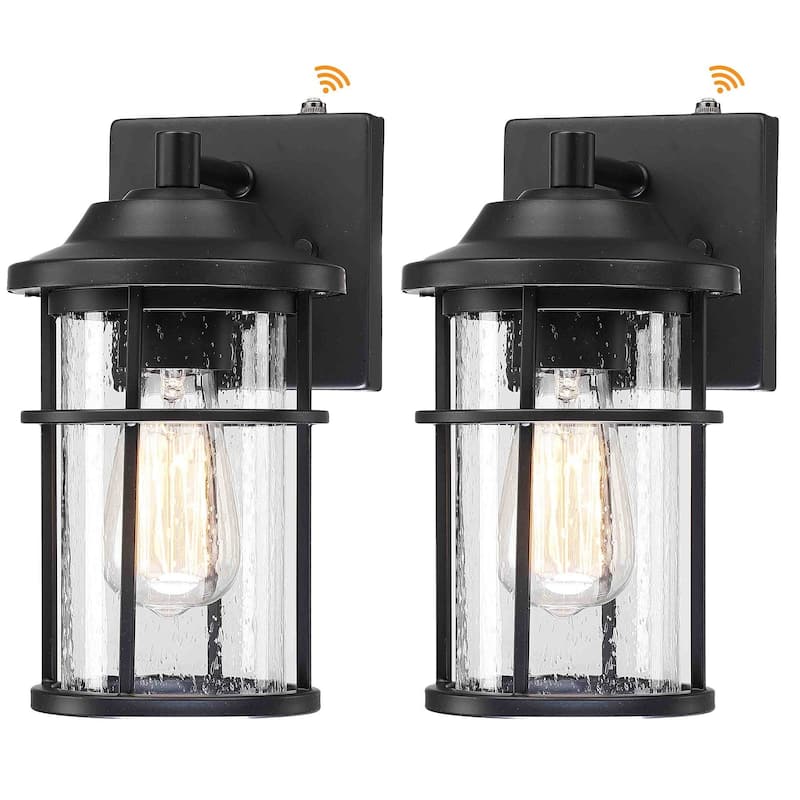 1-Light Matte Black Metal Outdoor Dusk to Dawn Light Seeded Glass Shade - 2-Pack