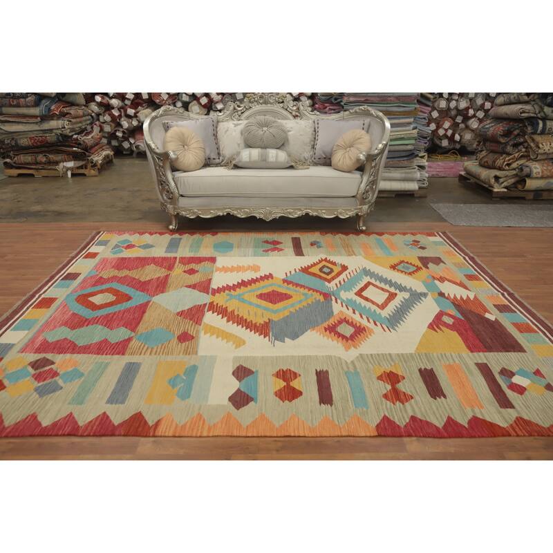 Hand Woven Southwestern Wool Multi-Colored Geometric Area Rug - 10' 0'' X 8' 2''