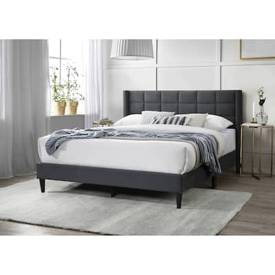 Elegant Modern Charcoal Brushed Linen 1pc Queen Size Bed Upholstered Box Design Headboard Bedframe