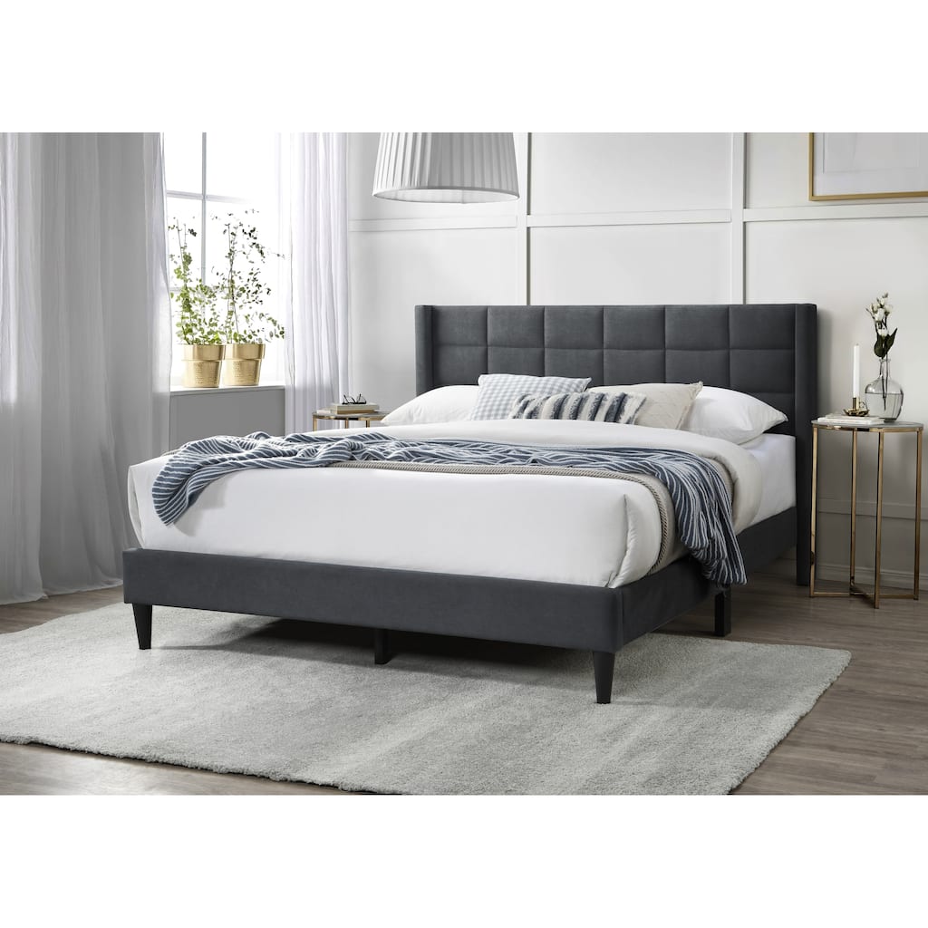 Queen Size Linen Upholstered Platform Bed with Box Stitch Headboard and Modern Platform Design