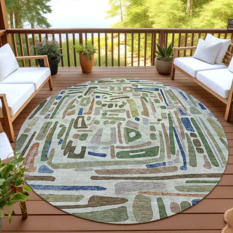 Machine Washable Indoor/ Outdoor Global Geo Chantille Rug - Aloe - 8' x 8'