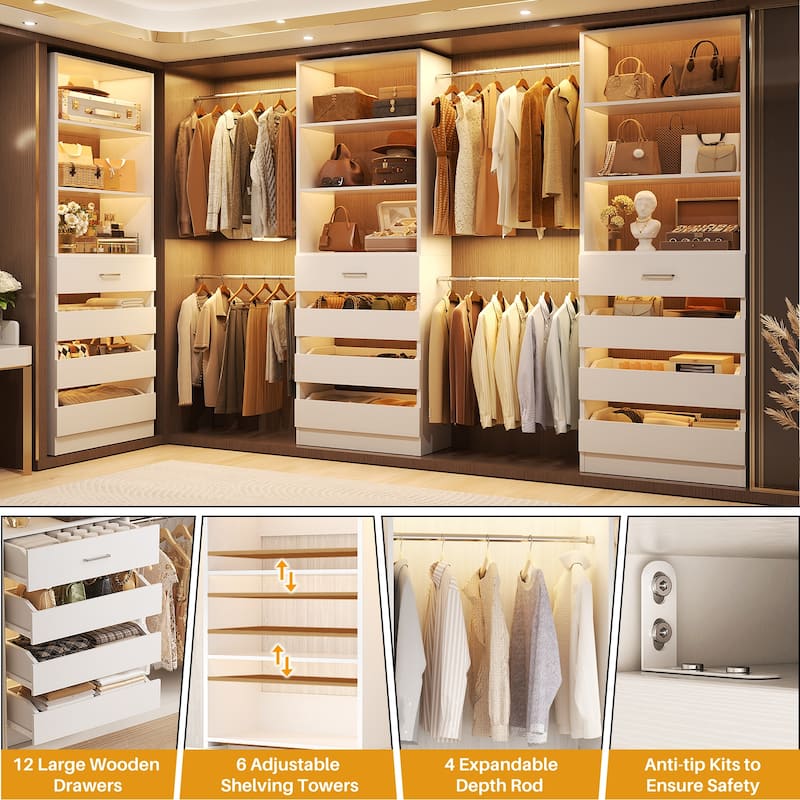 140'' Walk-in Closet Organizer System with 12 Drawers ＆ 4 Hanging Rods, 8.5-11.5FT Wooden Wardrobe Clothes Rack with 3 Towers
