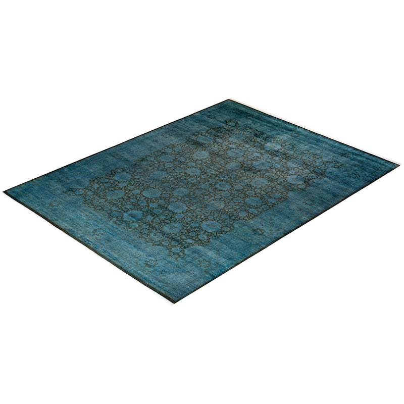 Overton Hand Knotted Wool Vintage Inspired Modern Contemporary Overdyed Blue Area Rug - 9' 3" x 12' 1"