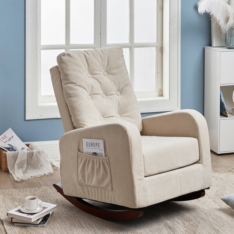 Beige Adjustable Recliner for Balcony or Tatami, with High Back Design, Solid Wood Legs, and Side Storage Pockets