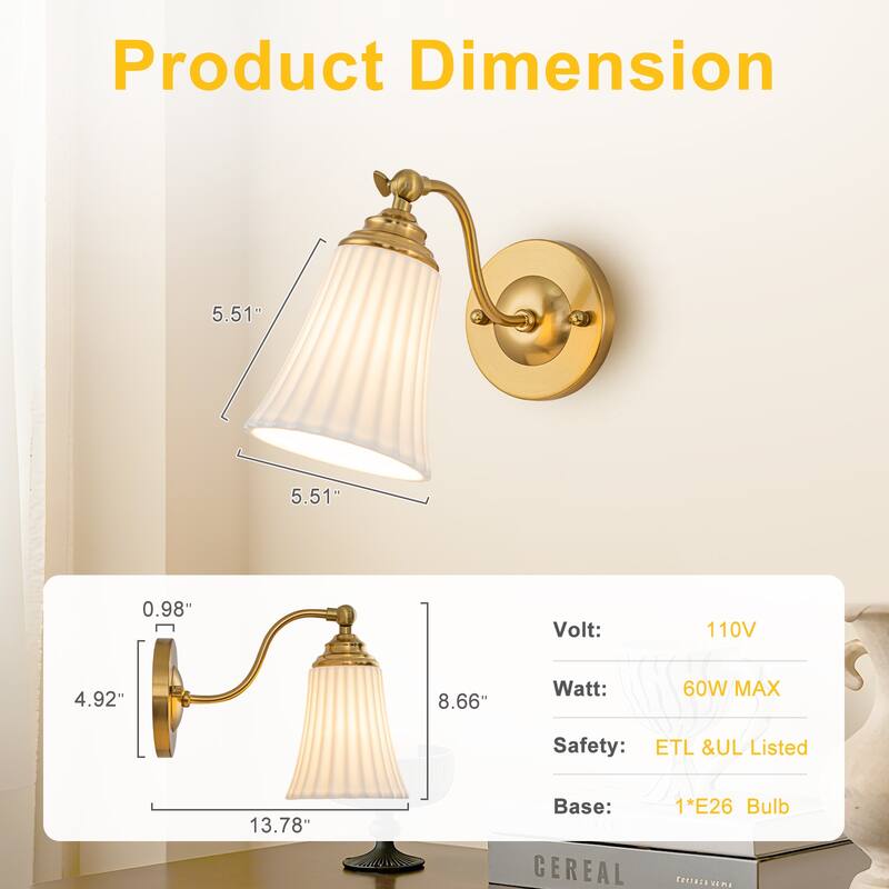 Modern Gold Wall Sconce with Fluted Ceramic Bell Shade Bathroom