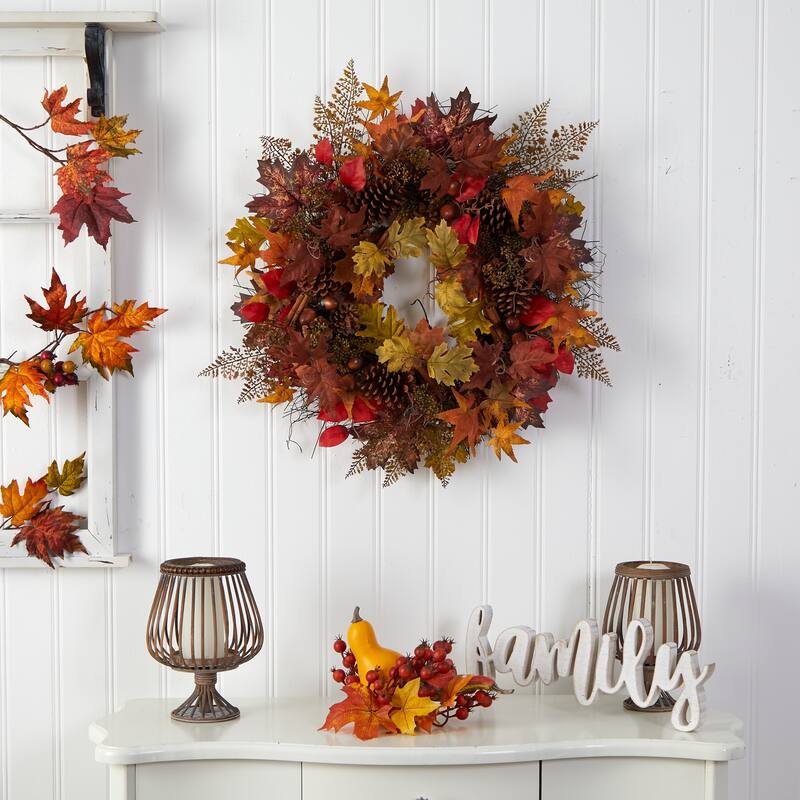 Maple Leaves Acorn Pinecones Cinnamon Sticks Artificial Fall Wreath 30"