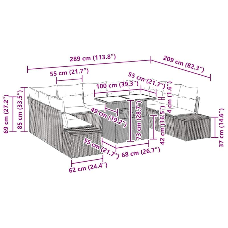 vidaXL 10 Piece Garden Sofa Set with Cushions - 113.8×82.3×27.2