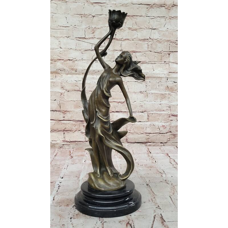 Art Nouveau Bronze Candle Holder Sculpture – Elegant Woman With Flowing Dress On Marble Base