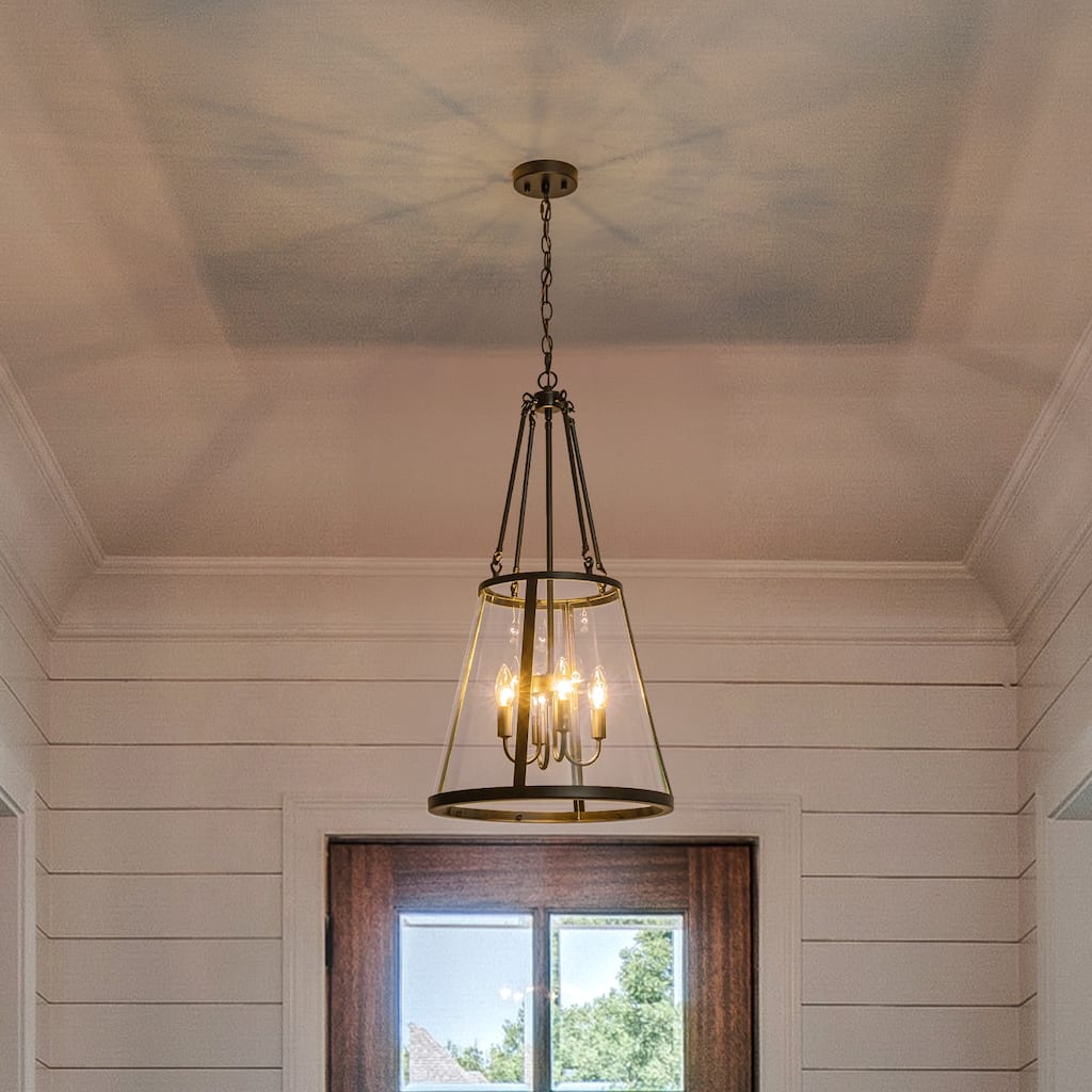 4-Light Black Farmhouse Clear Glass Drum Pendant Light