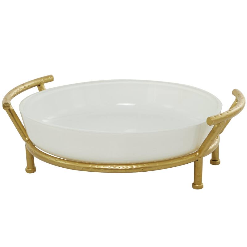 Glass Kitchen Serving Bowl with Gold Metal Stand - White - CosmoLiving by Cosmopolitan