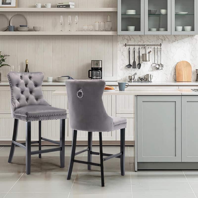 Wing Back Velvet Tufted Nailhead Barstools(Set of 6) - Grey Velvet Set of 2