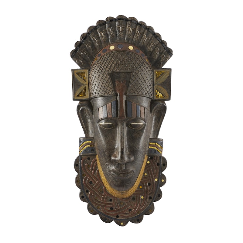Polystone Mask African Tribal Home Wall Decor with Mirrored Gold Accents - Brown - Roche River Decor