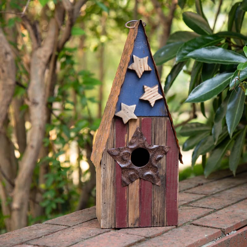 Glitzhome Wooden Patriotic Distressed Garden Birdhouse with Stars