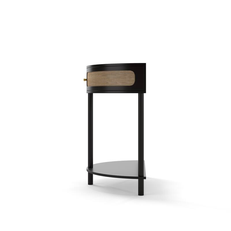Half Moon Design Entryway Console Table with Rattan Door, Small Half Round Side Table End Table Accent Table for Living Room