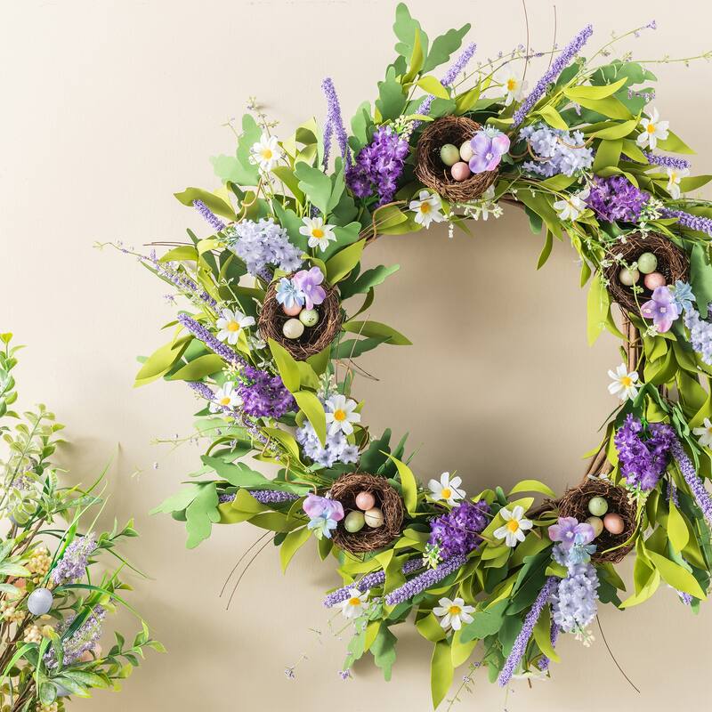 Glitzhome Easter Wreath with Eggs Lavender Bird Nest for Front Door Wall Window Holiday Decoration