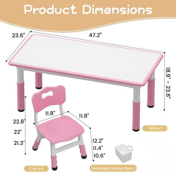 dimension image slide 1 of 6, Kids Table and 6 Chair Set with Storage Box, Height Adjustable Toddler Table