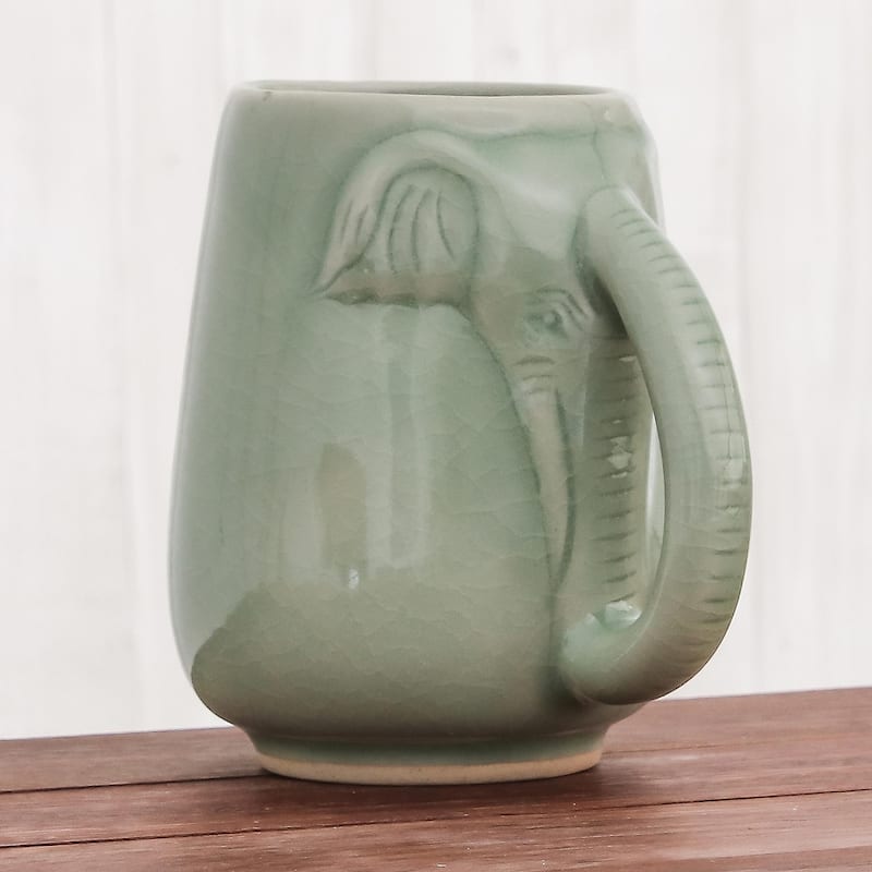 Handmade Morning Elephant Celadon ceramic mug (Thailand)