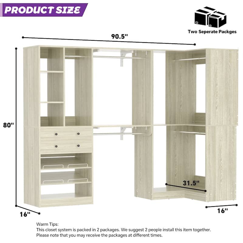 Rackcog Freestanding Corner Closet System Set, Closet Organizer with Hanging Rods and Drawers