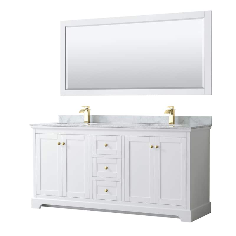 Avery 72-inch Double Vanity, Marble Top, Square Sinks, 70-inch Mirror - White, Gold Trim, White Carrara Marble Top