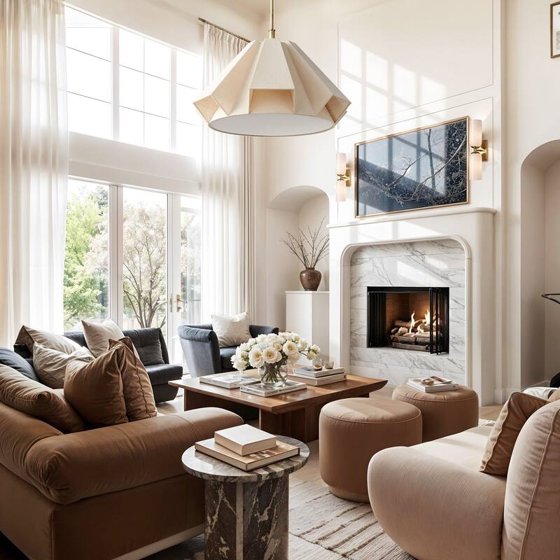 Geometric Modern Pendant Light - Metal, Fabric & Gold, Ivory Geometric Light Fixture For Modern, Coastal, Minimalist Room Decor