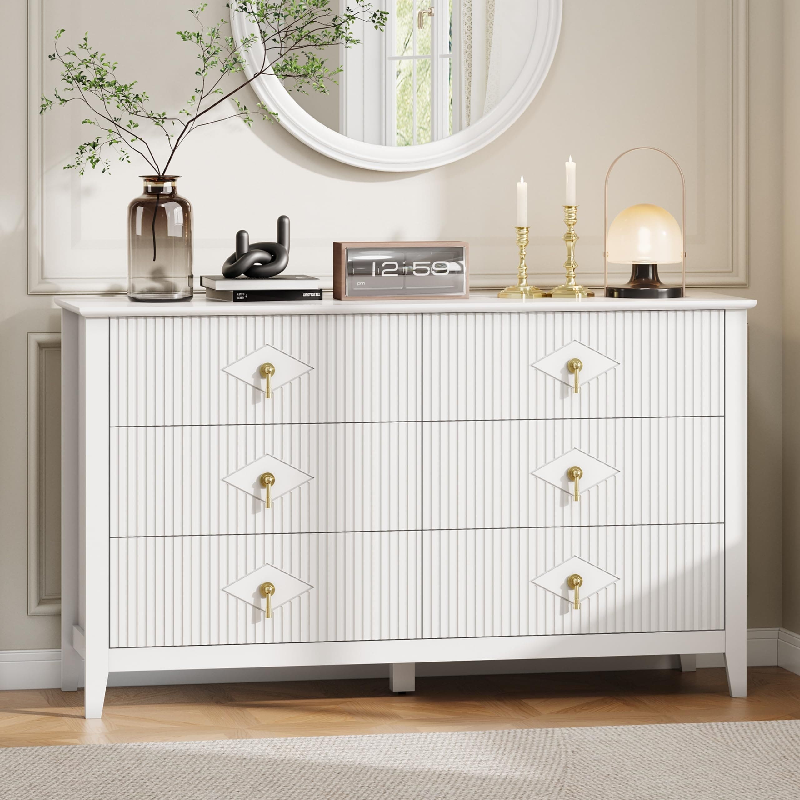 Fluted 6 Drawer Dresser for Bedroom, 54 Inch Wide Modern Wooden Chest of Drawers with Gold Handles