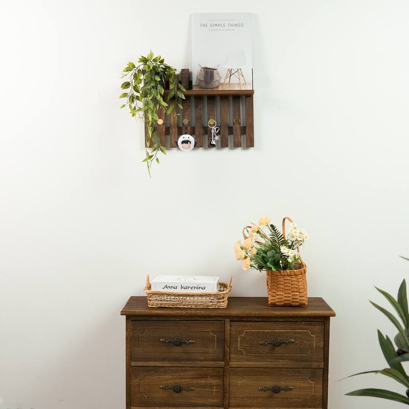 Dark Solid Wood Wall Organizer With Tray Storage - 15.35" L