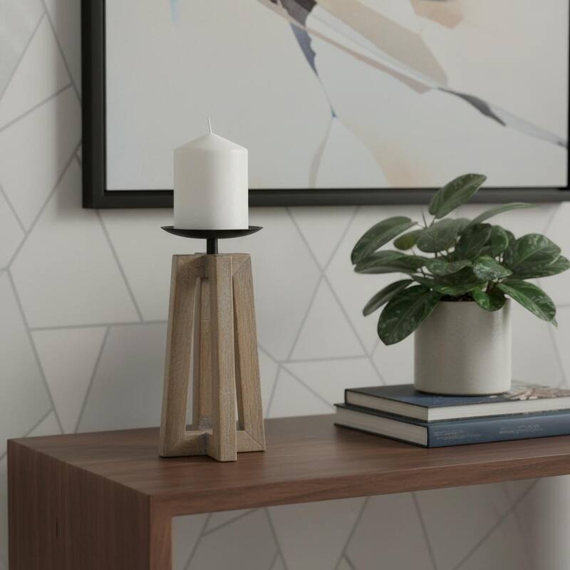 9" Light Brown Distressed Geometric Solid Wood And Metal Tabletop Pillar Candle Holder - Light Brown