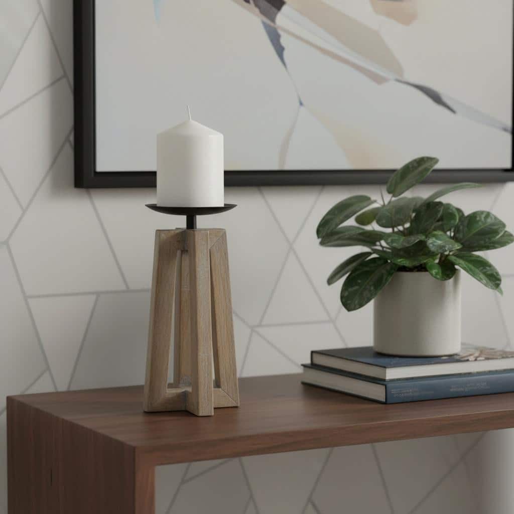 9" Light Brown Distressed Geometric Solid Wood And Metal Tabletop Pillar Candle Holder