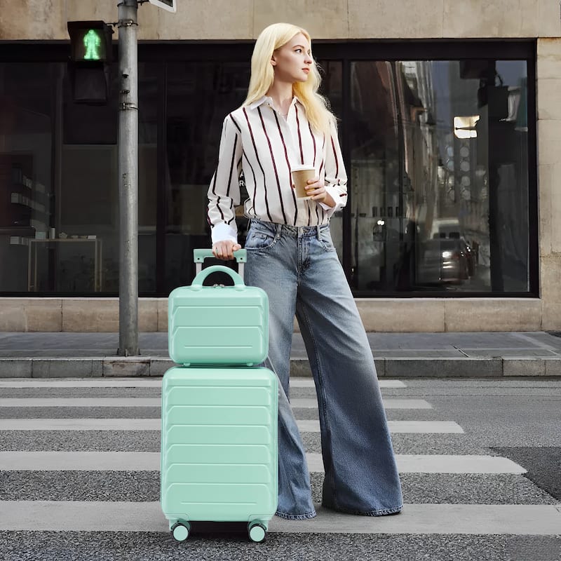 14"/20" 2-Piece, Modern Luggage Sets with Makeup Case, Spinner Wheel and Combination Lock, for Boarding Travel, Mint Green