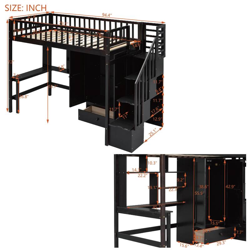 Space-Saving Twin Loft Bed with Storage Drawers, Desk, Bookshelf & Wardrobe