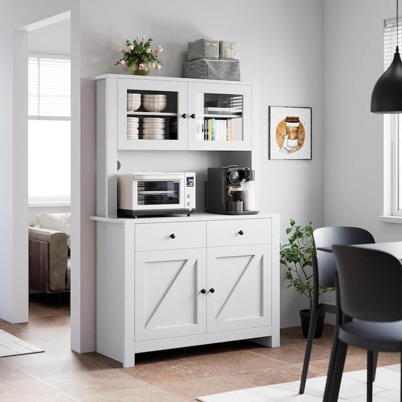 Kitchen Pantry Storage Cabinet with Microwave Stand & Coffee Bar Cabinet,Freestanding Hutch Cabinet with 4 Doors