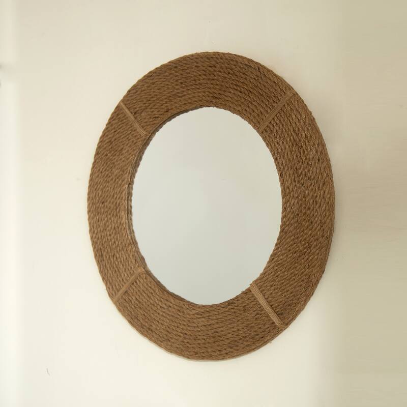 Breeza Hemp Hand-Woven Bamboo Circle Mirror - Earth Yellow, Bathroom, Bedroom - Silver