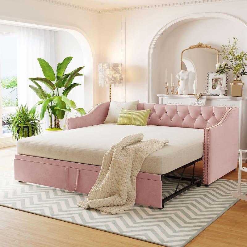 Twin Size Upholstered daybed with Pop Up Trundle - Pink