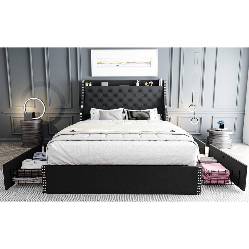 Bed Frame with 4 Storage Drawers and Headboard - Black - Queen