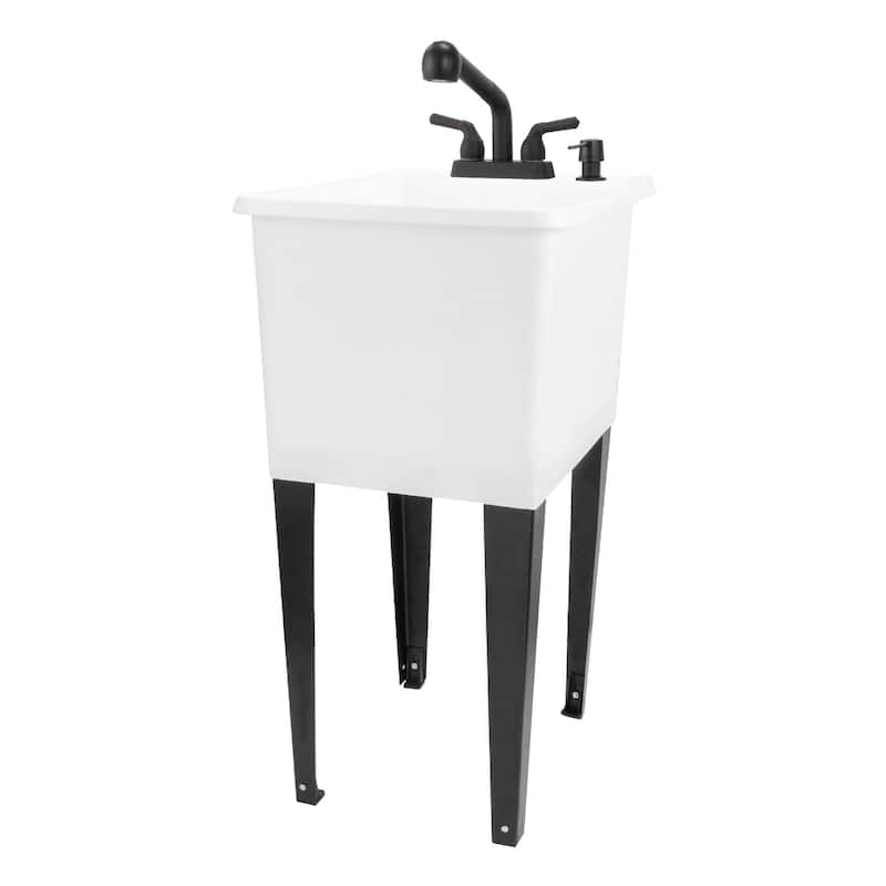 TEHILA White 16-Gallon Space Saver Utility Sink Laundry Tub with Pull-Out Faucet - Black