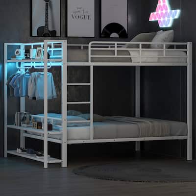Full Size Metal Bunk Bed with Storage Mesh Shelves, LED Light and Clothes Hooks