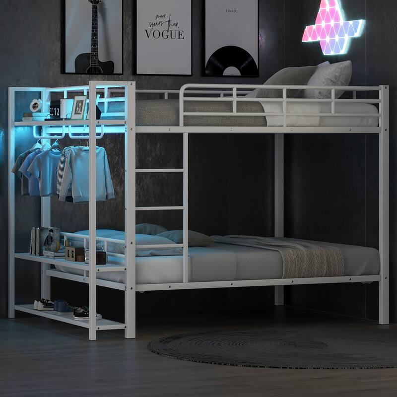Full Size Metal Bunk Bed with Storage Mesh Shelves and Clothes Hooks,LED Light - White
