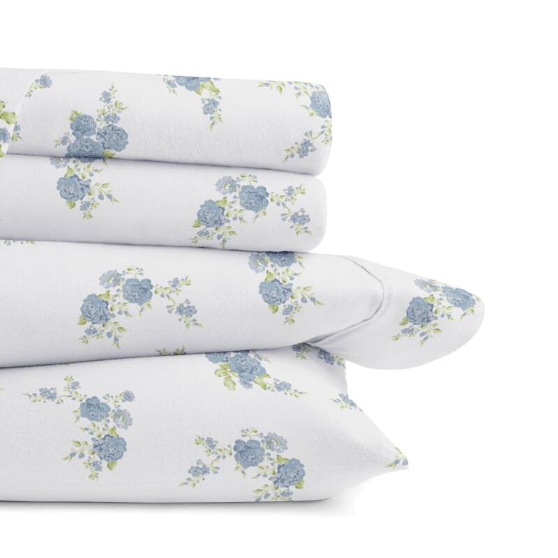 Becky Cameron Rose Bunch 4-Piece Cotton Brushed Flannel Deep Pocket Bed Sheet Set - Queen - Light Blue