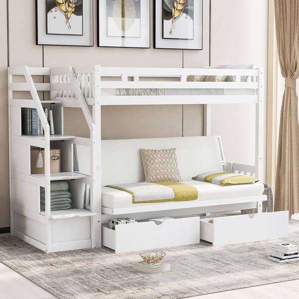 slide 2 of 18, Pine Wood+MDF Easy Assembly Twin over Full Bunk Bed with Two Drawers and Staircase, Down Bed can be Converted into Daybed. White