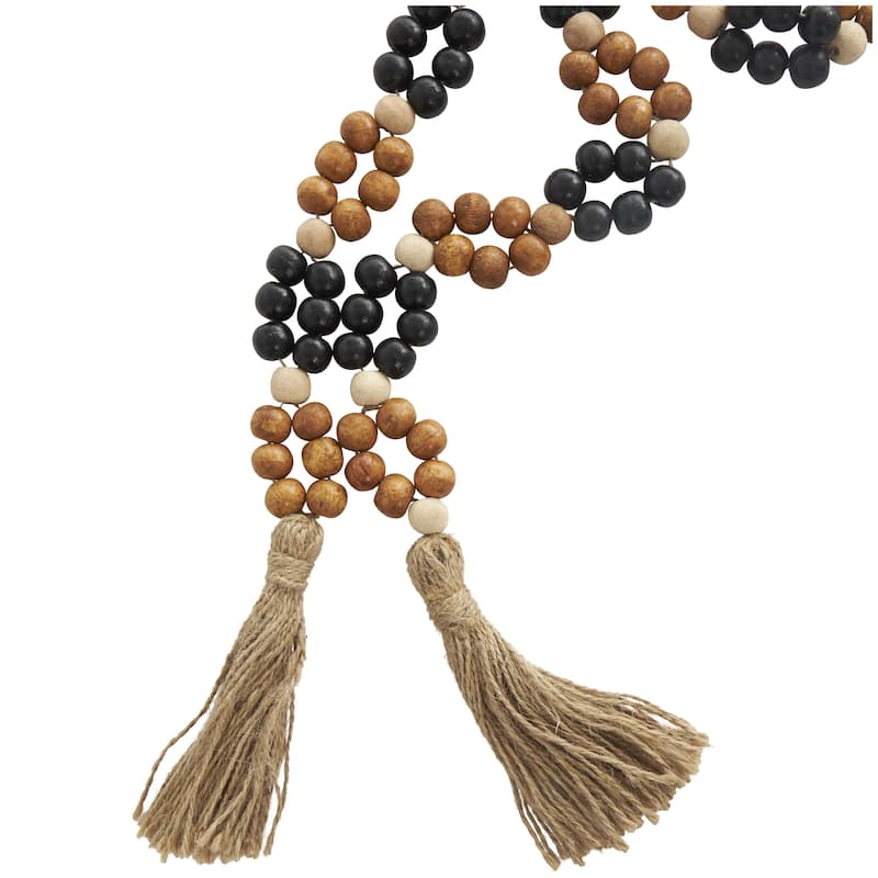 Mango Wood Handmade Round Double Layered Long Carved Beaded Garland with Tassel - Brown - Roche River Decor
