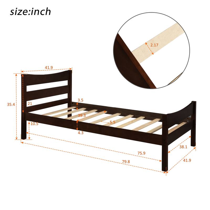 Twin Size Wood Platform Bed with Headboard - Espresso/Walnut Finish, Space-Saving Solid Pine Design