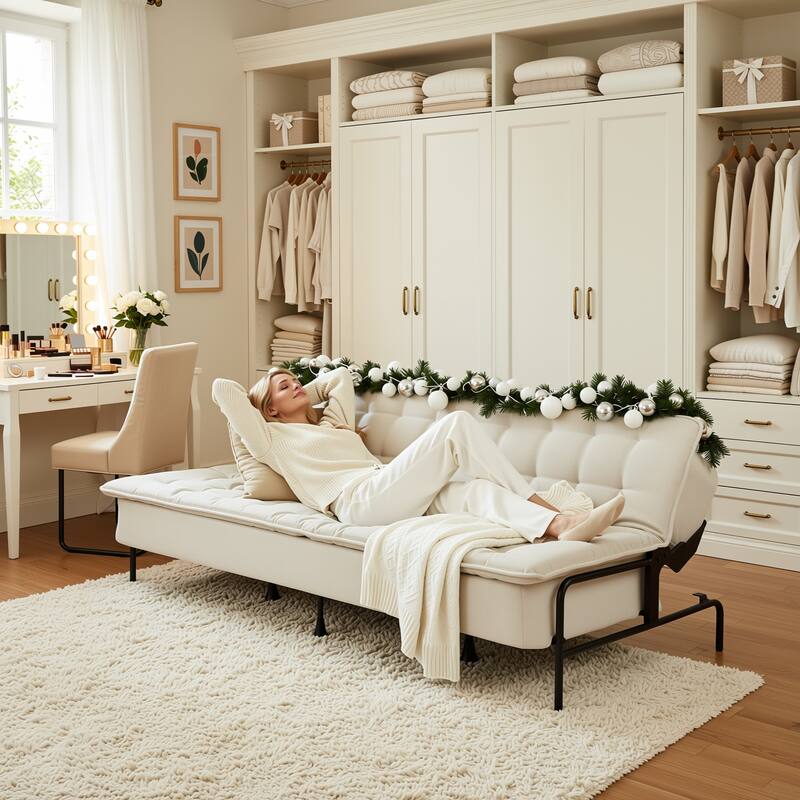 Homy Casa Modern Convertible Sofa Bed, Beige Futon Couch with Metal Frame