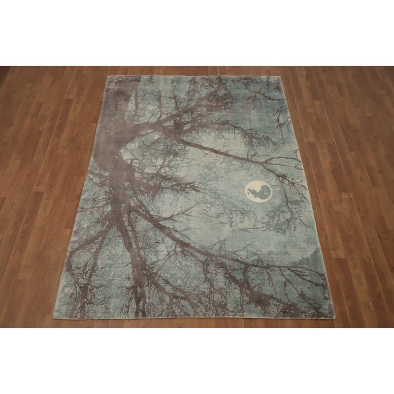 Hand Knotted Oriental Viscose Silk Carpet Modern Pictorial Green Abstract Area Rug - 7' 3'' X 5' 3''