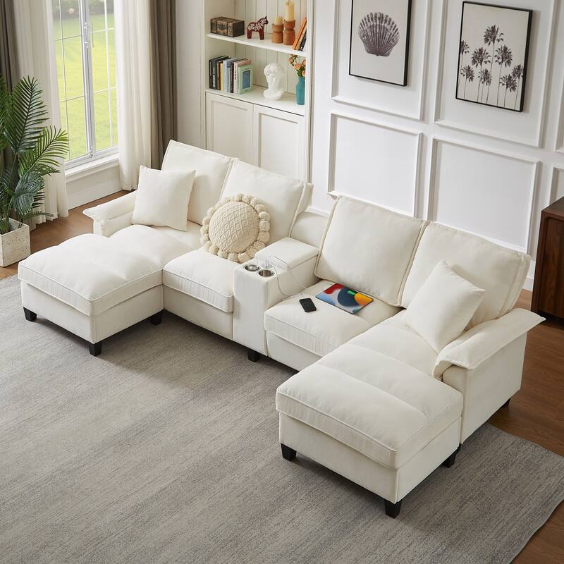 Sectional Sofa Bed Sleeper Sofa with Storage, U-Shaped 4-Seater Chaise Lounge Sofa with Cup Holders & USB Charge