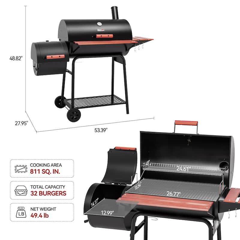 Royal Gourmet Charcoal Grill with Wood-Painted Side&Front Table