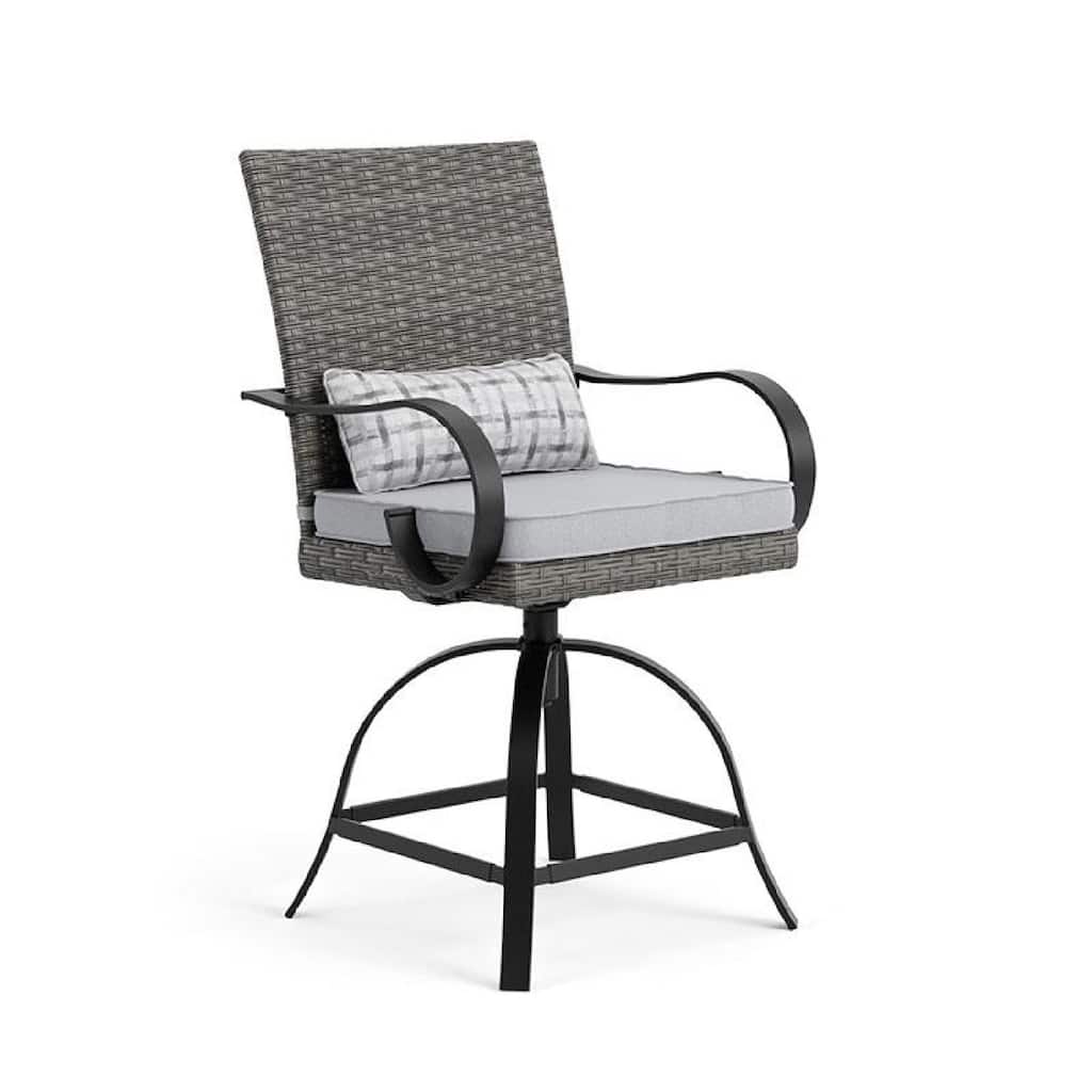 Leki Swivel Counter Height Chair Set of 2, Gray Rattan, Black Metal