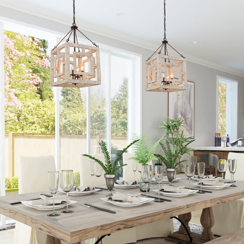 Modern Farmhouse 4-Light Wood Chandelier for Kitchen Island - L13.5"x W13.5"x H 26" - L13.5"x W13.5"x H 26" - Off-white