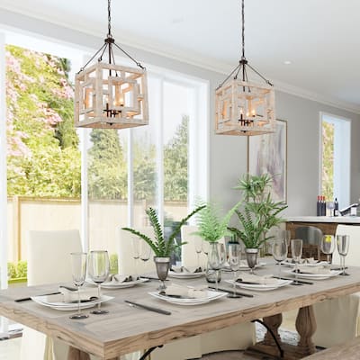 Modern Farmhouse 4-Light Wood Chandelier for Kitchen Island - L13.5"x W13.5"x H 26"
