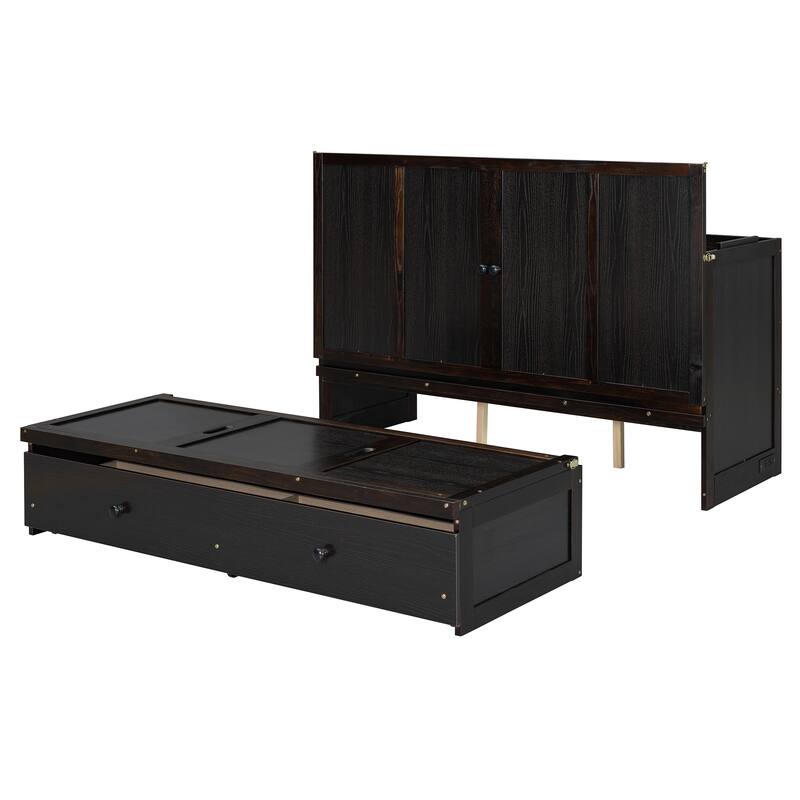 Queen Size 2-in-1 Murphy Bed Cabinet with Space Saving Design with Built in USB/Power Outlets, Large Storage Drawer